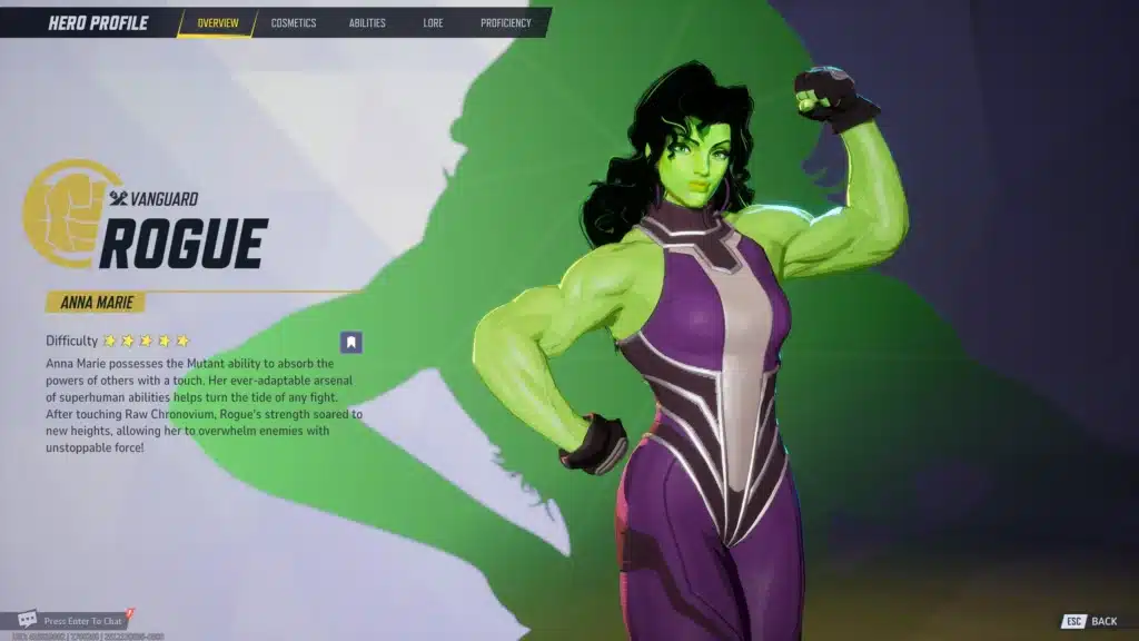 Marvel Rivals Rogue hero profile with She-Hulk mesh mod applied
