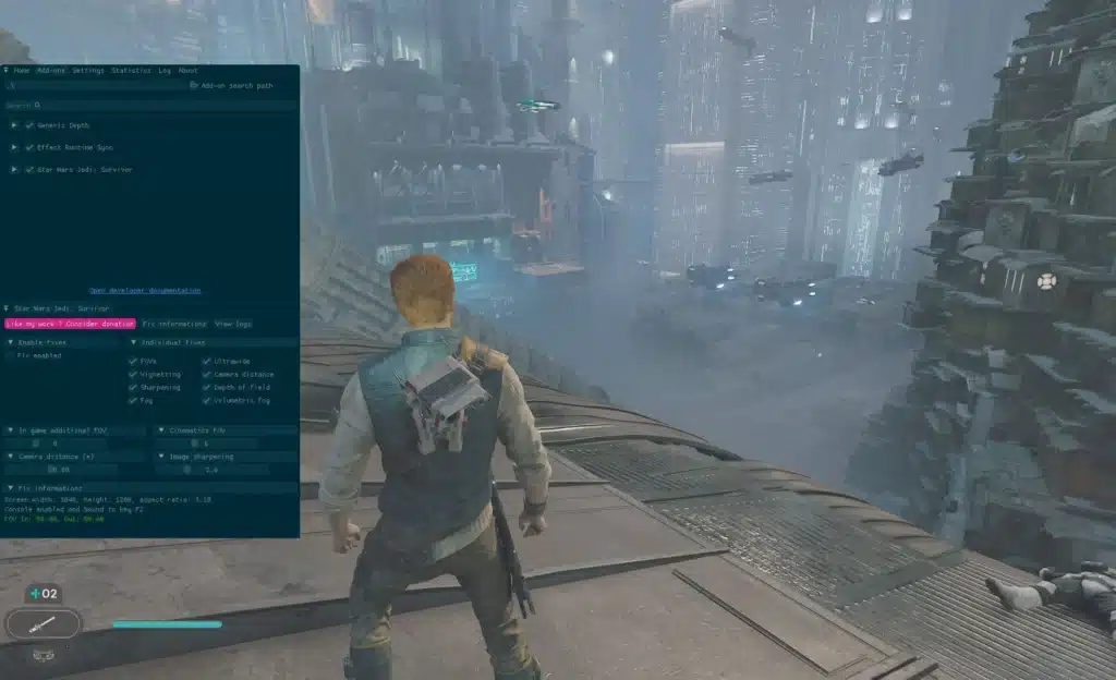 Jedi Survivor reshade addon panel with visual settings displayed in Coruscant