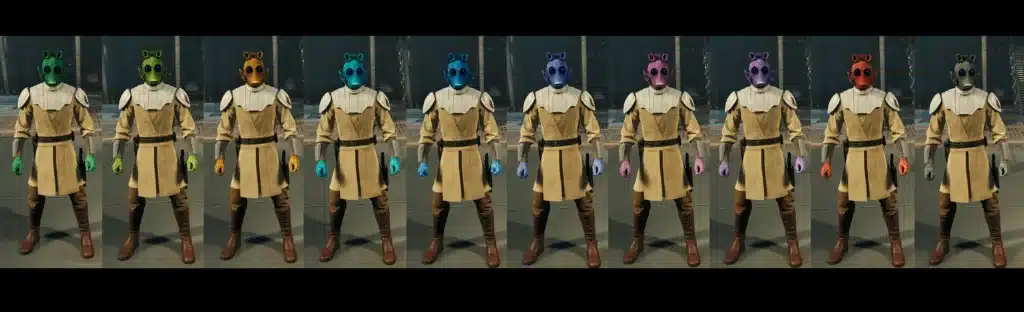 Multiple Rodian skin color variants displayed in Star Wars Jedi Survivor Outfit Manager mod