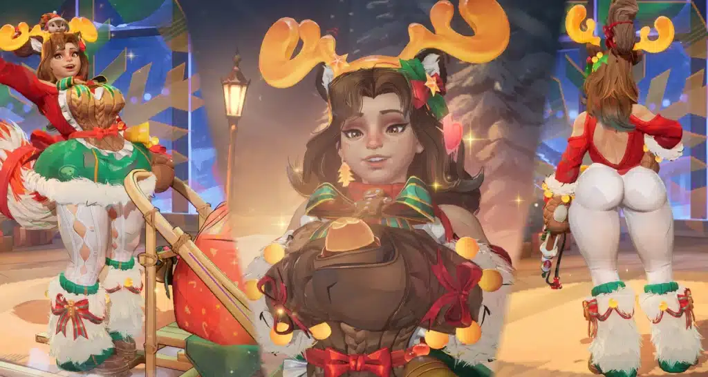 Squirrel Girl NSFW mod close-up with holiday antlers, festive outfit, and enhanced body proportions in Marvel Rivals