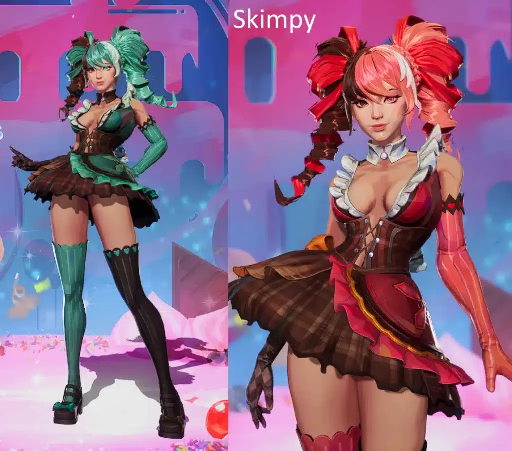 Luna Snow skimpy mod comparison showing green and red Cherry Delight outfit variants in Marvel Rivals