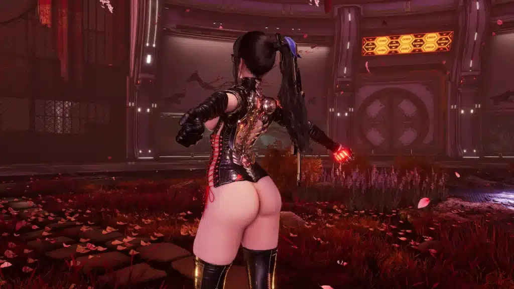 Stellar Blade nude mod rear view of Eve wearing the Keyhole Suit with exposed back and detailed outfit textures