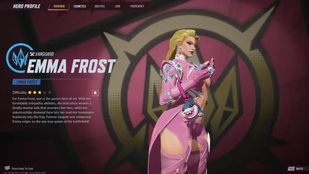 Emma Frost hero profile screen featuring her pink X-Revolution mod outfit in Marvel Rivals.