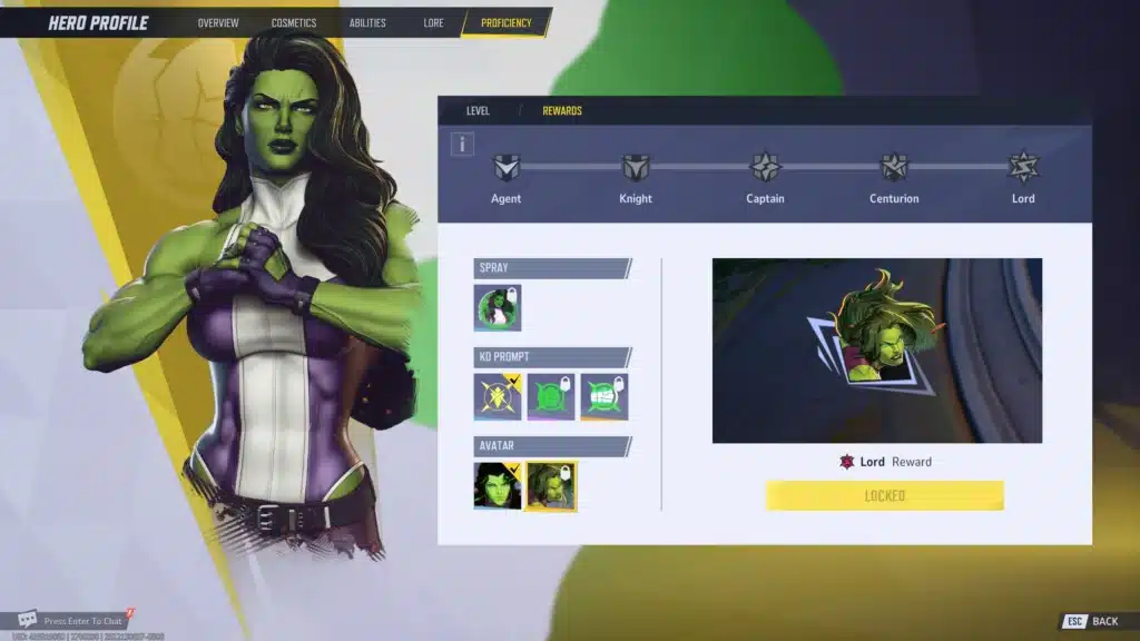 Marvel Rivals Rogue proficiency screen with She-Hulk mod visuals