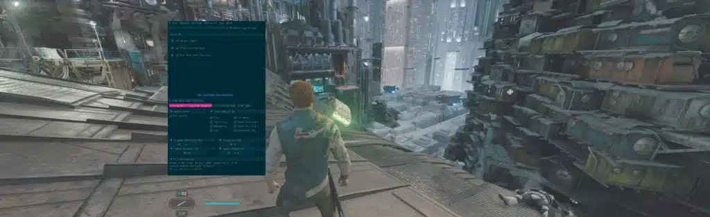 Cal Kestis with reshade fixes enabled overlooking Coruscant skyscrapers