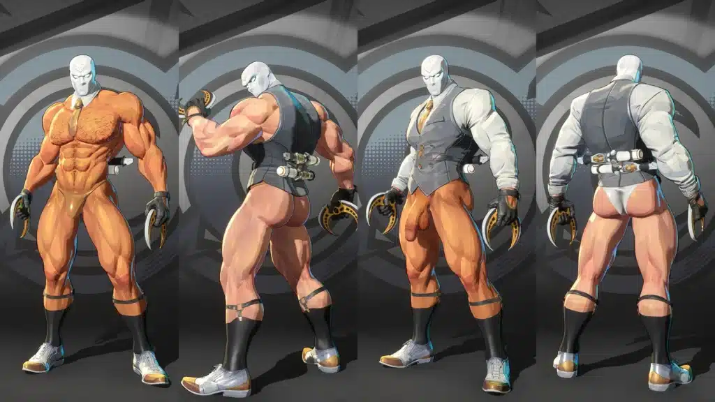 Moon Knight nude mod turnaround showing front, side, and back views of Mister Knight in Marvel Rivals