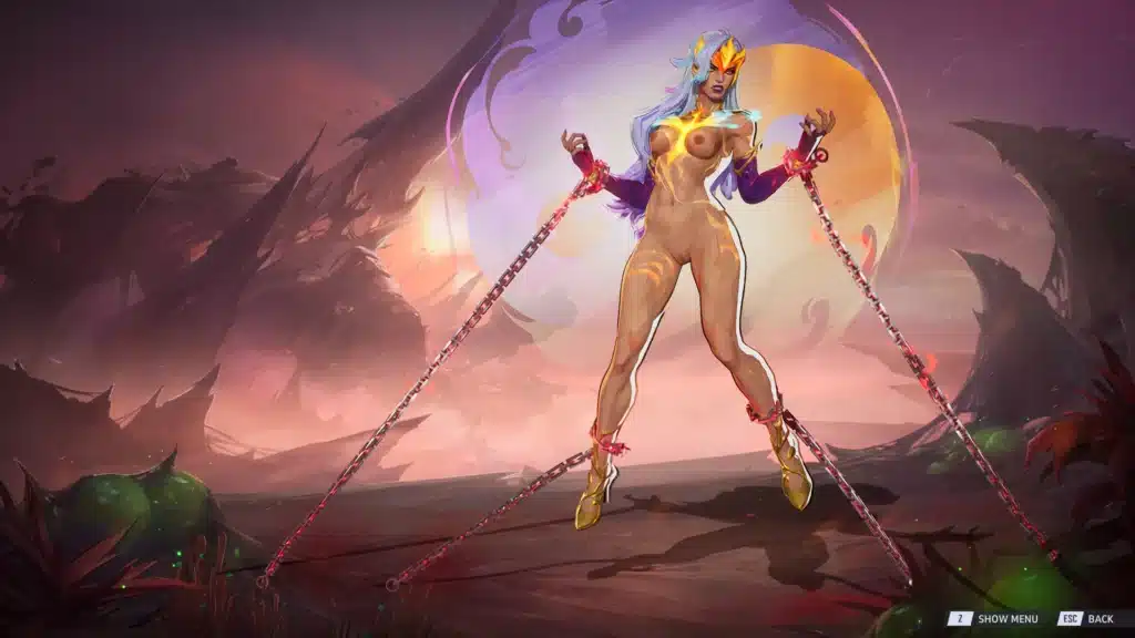 Scarlet Witch nude mod full body view with Phoenix Chaos aura and chains in Marvel Rivals