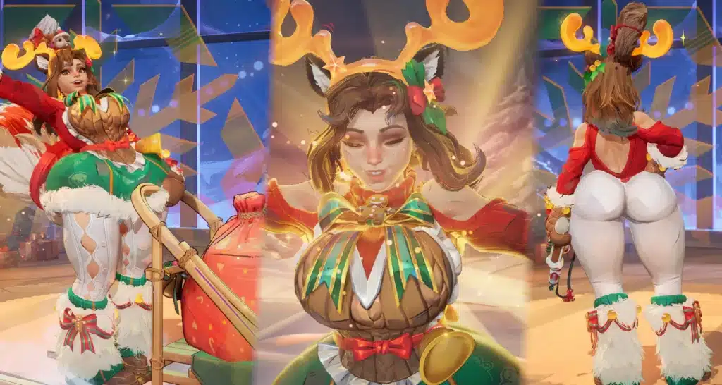 Thicc Squirrel Girl mod cinematic pose with glowing holiday effects and exaggerated curves in Marvel Rivals