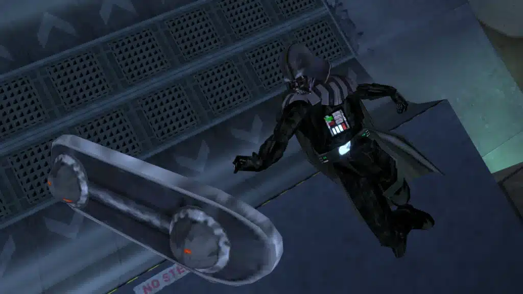 Darth Vader performing a trick with a floating skateboard in Tony Hawk’s American Wasteland mod.