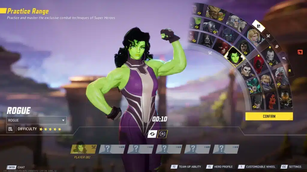 Marvel Rivals practice range showing Rogue with She-Hulk body mod