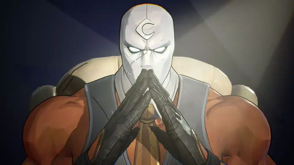 Marvel Rivals Moon Knight NSFW mod cinematic close-up with prayer pose and enhanced muscles