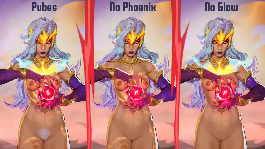 Scarlet Witch nude mod variants showing pubes option, no phoenix effect, and no glow comparison in Marvel Rivals