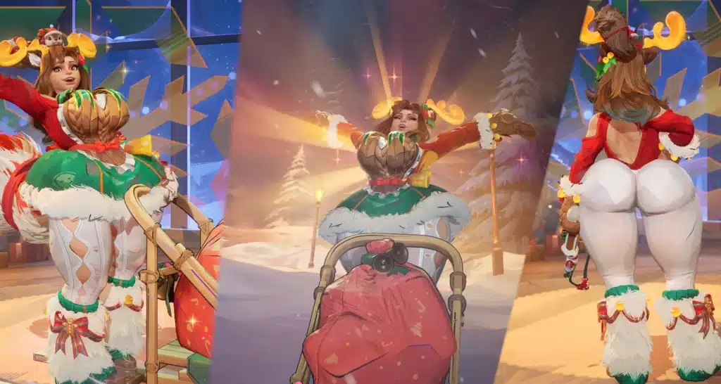 Squirrel Girl Tinsel Tail mod in festive sleigh scene with holiday environment and thicc body mod in Marvel Rivals