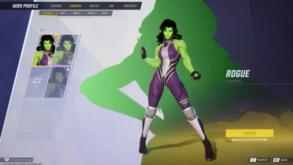 Marvel Rivals cosmetics menu showing She-Hulk Rogue alternate skin