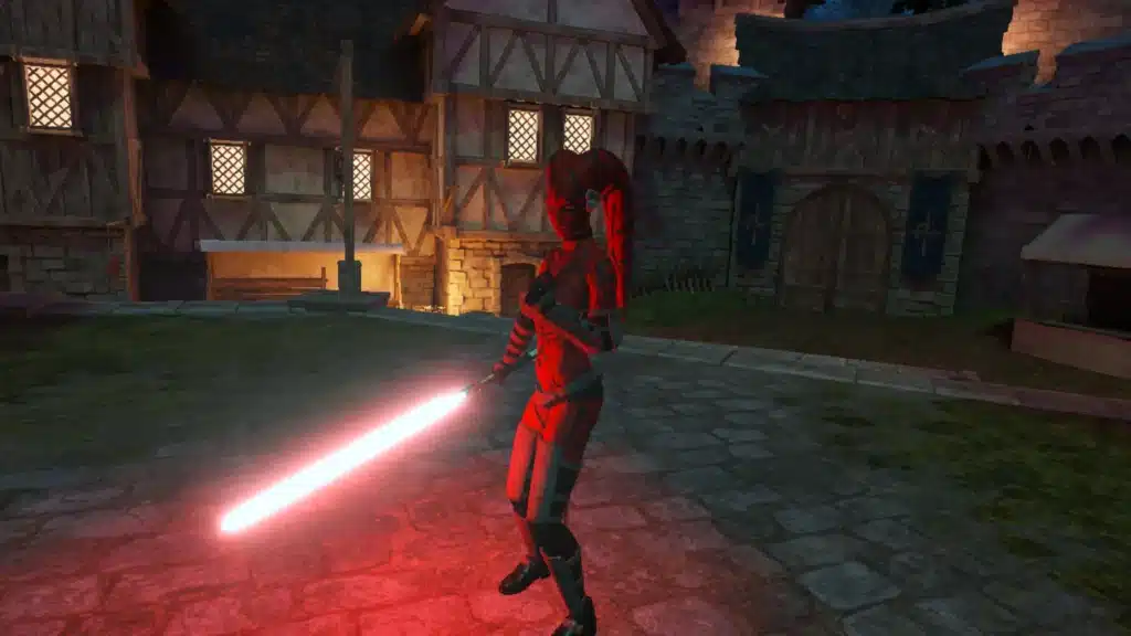 Darth Talon holding a red lightsaber in Blade and Sorcery Nomad Star Wars Female Armor mod