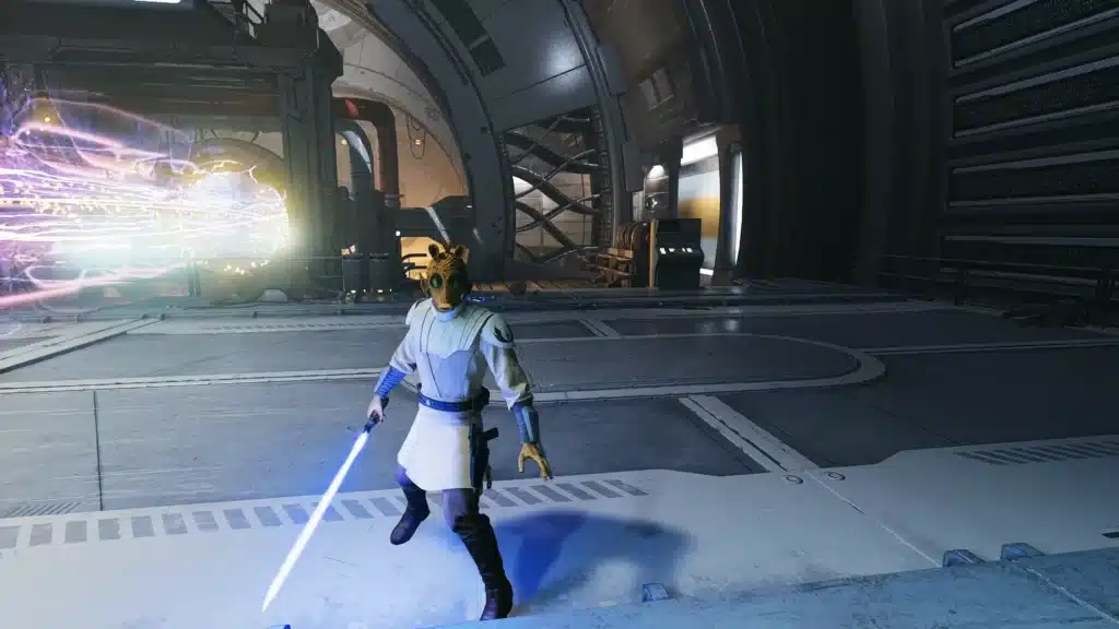 Full body view of a Rodian Jedi in combat stance in Star Wars Jedi Survivor
