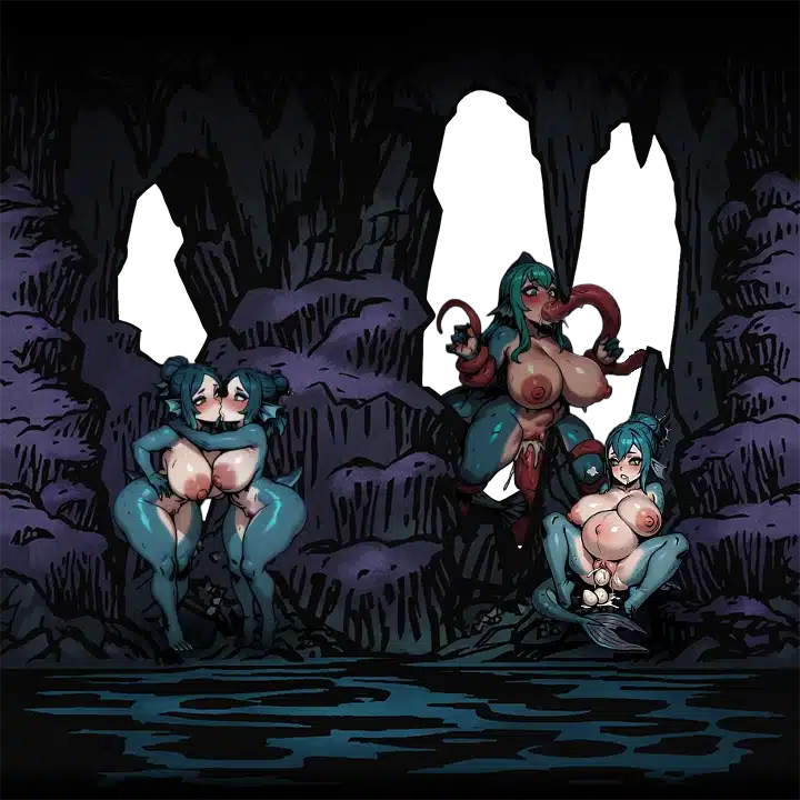 Darkest Dungeon lewd Cove background showing multiple erotic sea creatures interacting in a flooded cave