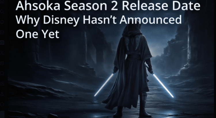 Cinematic editorial image illustrating Ahsoka Season 2 release date uncertainty, showing a lone Force wielder silhouette with glowing blue blades in ancient ruins
