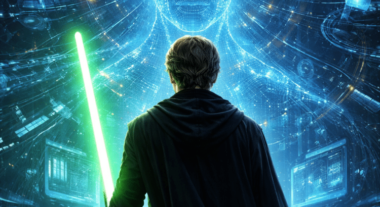 Jedi seen from behind holding a green lightsaber while facing a futuristic AI hologram, symbolizing the future of Star Wars and artificial intelligence