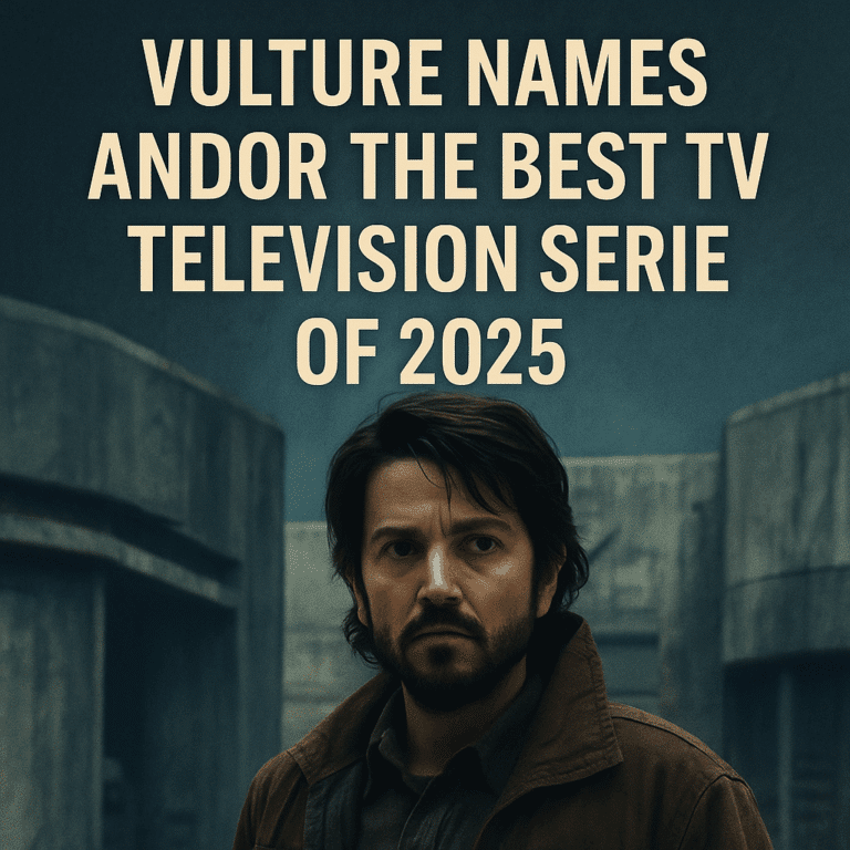 Digital promotional header image announcing “Vulture Names Andor the Best TV Series of 2025,” featuring a moody portrait of Cassian Andor standing in a concrete, industrial setting.