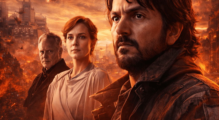 Andor Season 2 characters Cassian Andor Mon Mothma and Luthen Rael in Star Wars artwork celebrating Empire Magazine TV Show of the Year