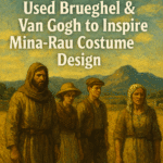 Illustration inspired by Brueghel and Van Gogh showing four rural figures in weathered clothing standing in golden fields beneath a painted sky, with the title text “How Andor Season 2 Used Brueghel & Van Gogh to Inspire Mina-Rau Costume Design” displayed prominently across the top.