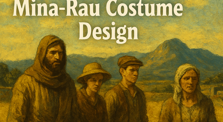 Illustration inspired by Brueghel and Van Gogh showing four rural figures in weathered clothing standing in golden fields beneath a painted sky, with the title text “How Andor Season 2 Used Brueghel & Van Gogh to Inspire Mina-Rau Costume Design” displayed prominently across the top.