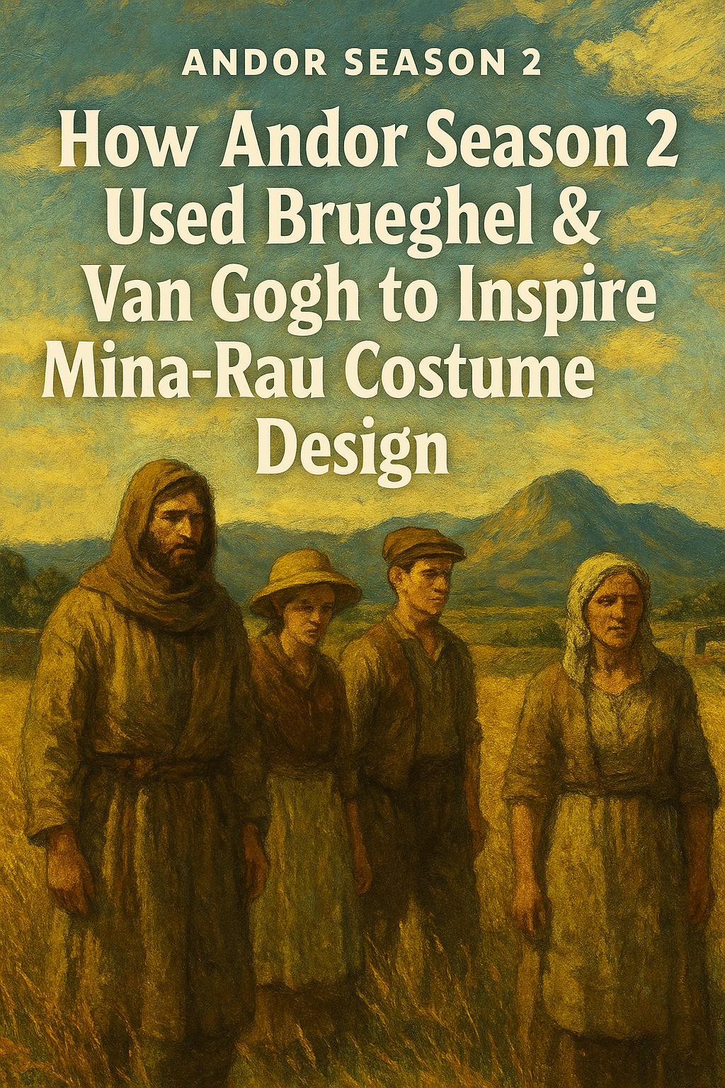 Illustration inspired by Brueghel and Van Gogh showing four rural figures in weathered clothing standing in golden fields beneath a painted sky, with the title text “How Andor Season 2 Used Brueghel & Van Gogh to Inspire Mina-Rau Costume Design” displayed prominently across the top.