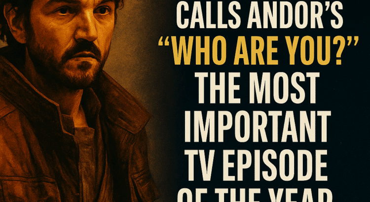 Promotional image featuring a stylized portrait of Cassian Andor on the left and bold text on the right reading: “Bryan Fuller calls Andor’s ‘Who Are You?’ the most important TV episode of the year,” set against a dark, cinematic background.