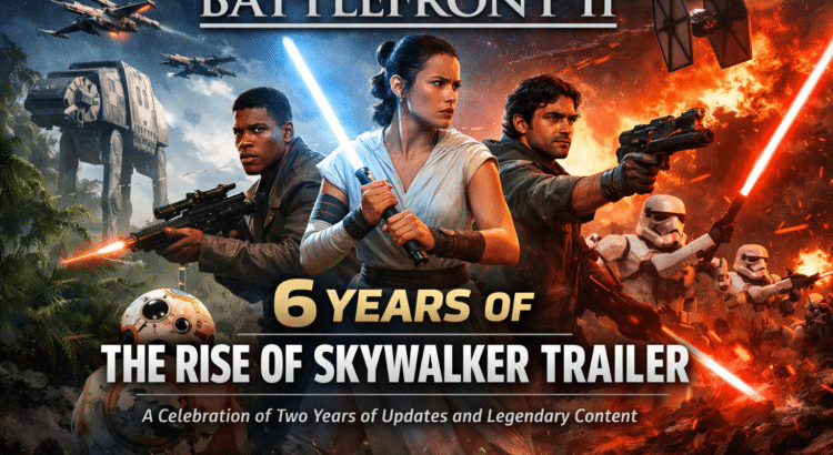 Star Wars Battlefront II Rise of Skywalker trailer 6 year anniversary featuring Rey, Finn, Poe and BB-8 in an epic battlefield scene