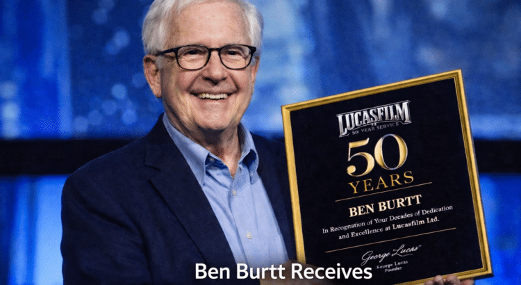 Ben Burtt holding Lucasfilm’s 50-year service award, honoring his five decades of sound design work on Star Wars