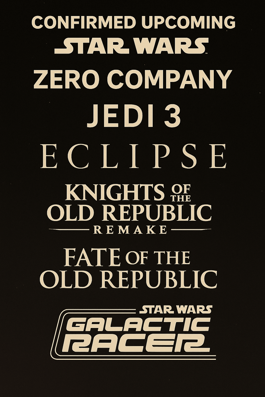 Confirmed upcoming Star Wars games list including Zero Company, Jedi 3, Eclipse, KOTOR Remake, Fate of the Old Republic, and Galactic Racer.