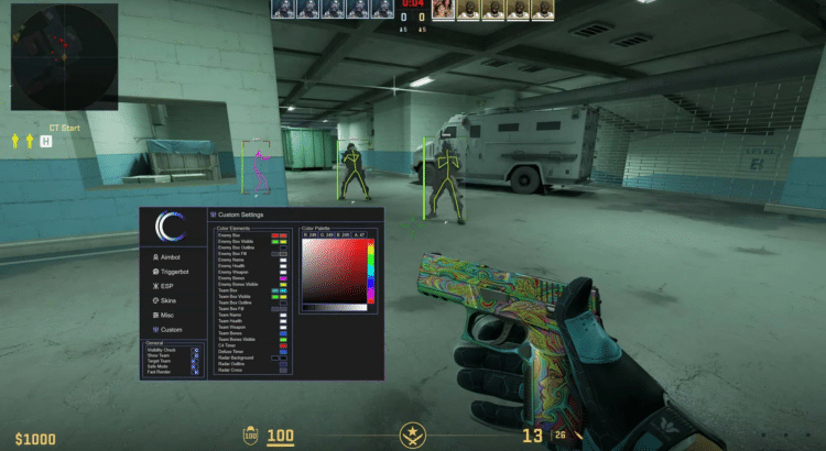 Screenshot illustrating visual overlays used to analyze player positioning, hitboxes, and line-of-sight mechanics in a Counter-Strike 2 environment