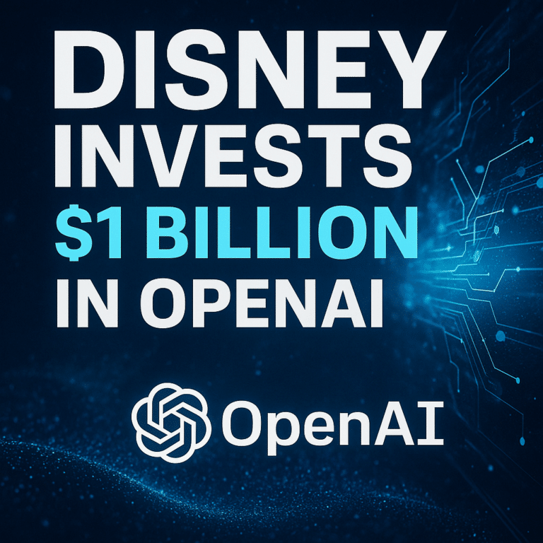 Disney invests  billion in OpenAI partnership announcement with futuristic AI-themed graphic.