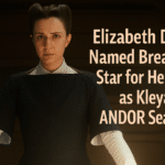 Elizabeth Dulau as Kleya in Andor Season 2, standing in a dimly lit room with text announcing her breakout performance.