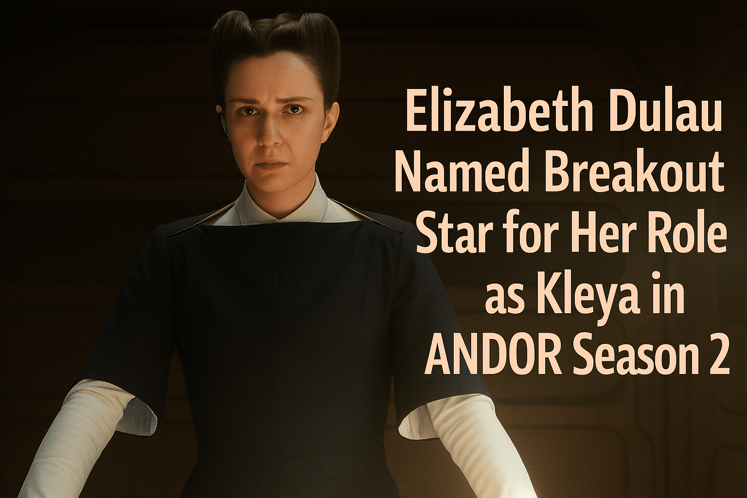 Elizabeth Dulau as Kleya in Andor Season 2, standing in a dimly lit room with text announcing her breakout performance.
