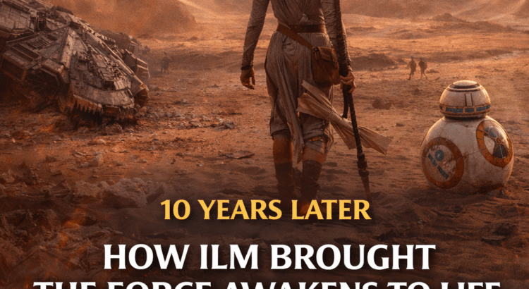 Rey and BB-8 in Star Wars The Force Awakens anniversary artwork highlighting Industrial Light & Magic’s visual effects legacy