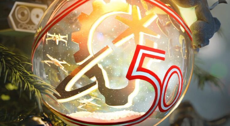 Industrial Light & Magic 2025 holiday card featuring a glowing ornament with an X-wing and 50th anniversary design