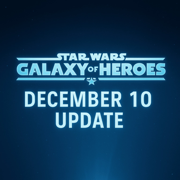 Star Wars: Galaxy of Heroes December 10 Update header graphic with glowing blue title and stylized holotable logo.