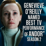 Genevieve O’Reilly as Mon Mothma in Andor Season 2 with overlaid text reading “Genevieve O’Reilly Named Best TV Performance of Andor Season 2.”