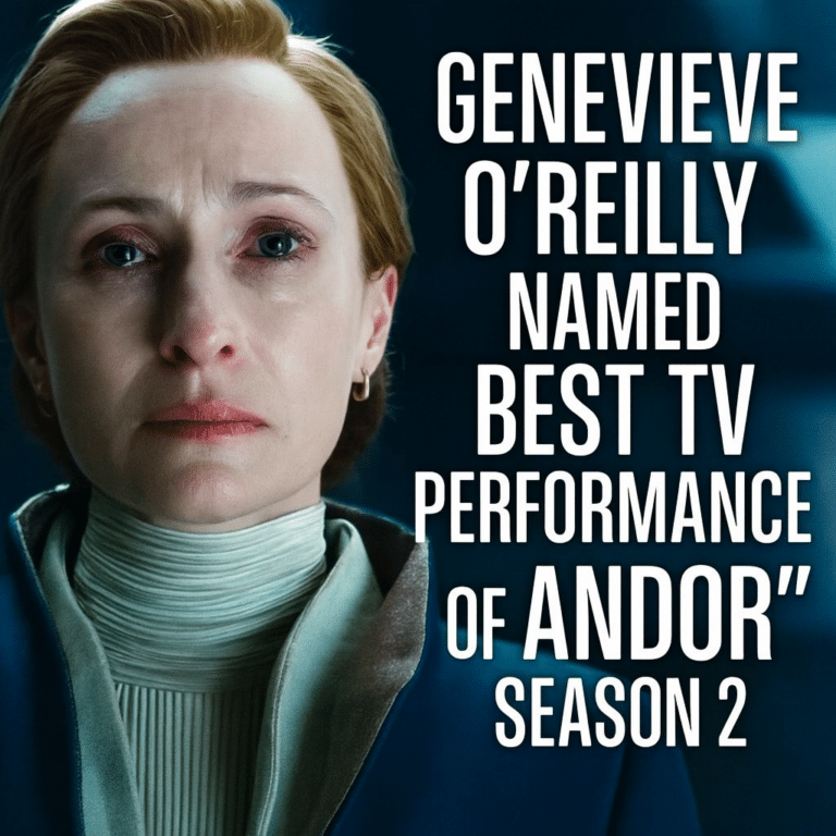 Genevieve O’Reilly as Mon Mothma in Andor Season 2 with overlaid text reading “Genevieve O’Reilly Named Best TV Performance of Andor Season 2.”