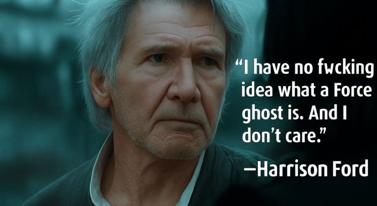 Harrison Ford in The Rise of Skywalker with the quote “I have no f***ing idea what a Force ghost is. And I don’t care.” displayed beside him.