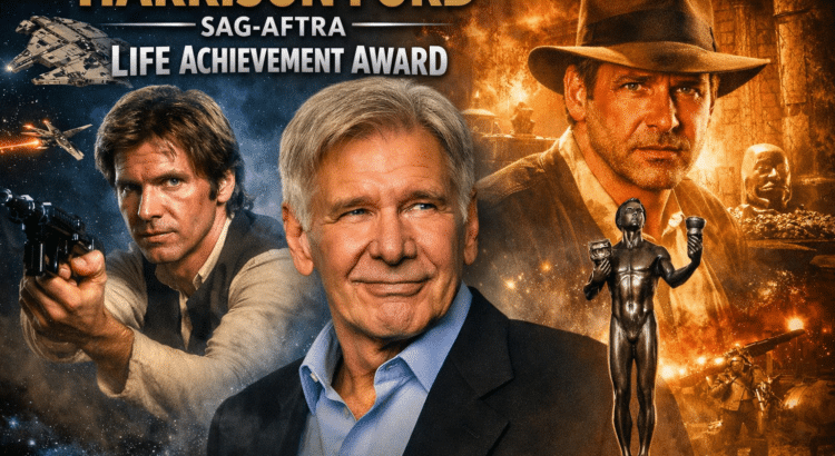 Harrison Ford honored with the SAG-AFTRA Life Achievement Award alongside iconic Han Solo and Indiana Jones imagery