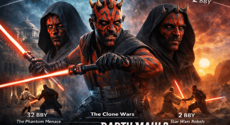Cinematic illustration of Darth Maul at different ages across the Star Wars timeline, showing Maul in 54 BBY, 32 BBY, and 2 BBY with red lightsabers and battle-worn cloaks.