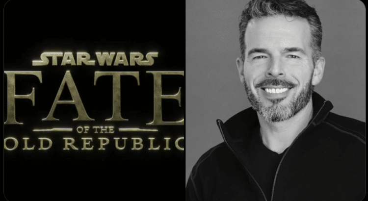 Casey Hudson alongside the Star Wars Fate of the Old Republic logo
