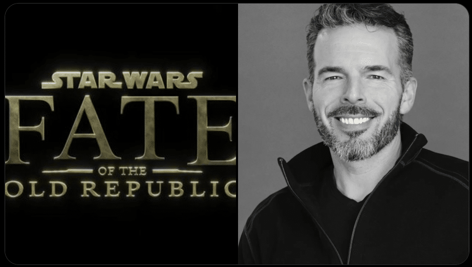 Casey Hudson alongside the Star Wars Fate of the Old Republic logo