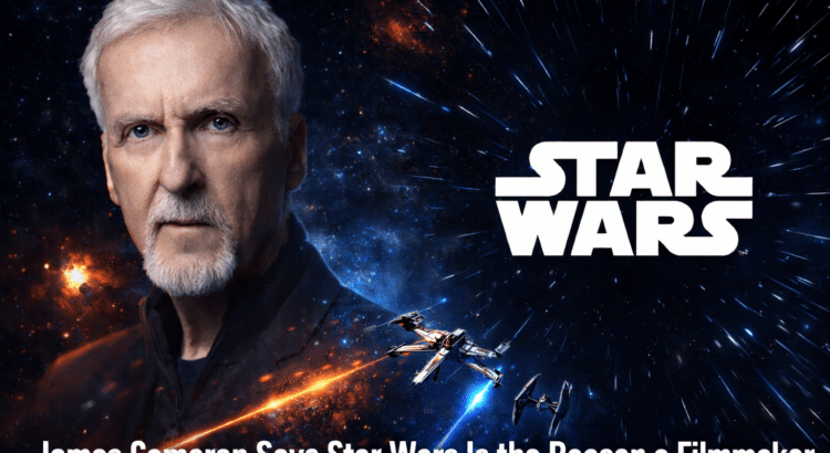 James Cameron portrait beside the Star Wars logo with cinematic space background illustrating how Star Wars inspired his filmmaking career