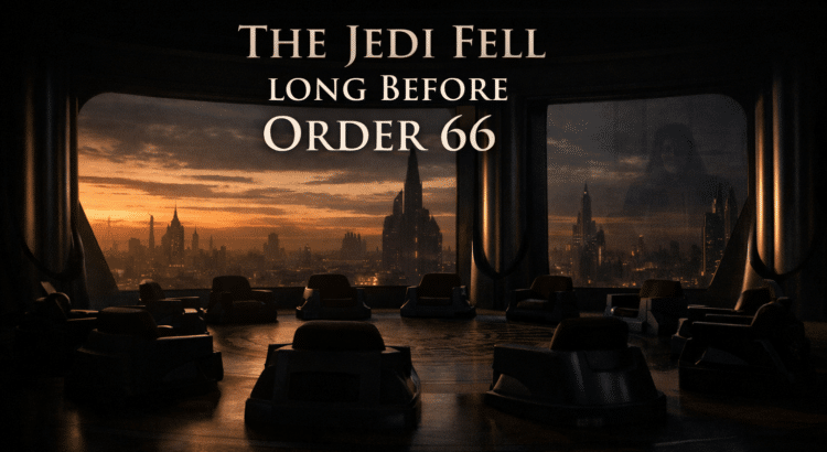 The empty Jedi Council chamber on Coruscant at dusk, symbolizing the Jedi Order’s decline long before Order 66.