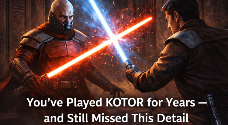 Star Wars Knights of the Old Republic inspired scene showing a player confronting a hidden late-game moment, symbolizing a detail many players missed