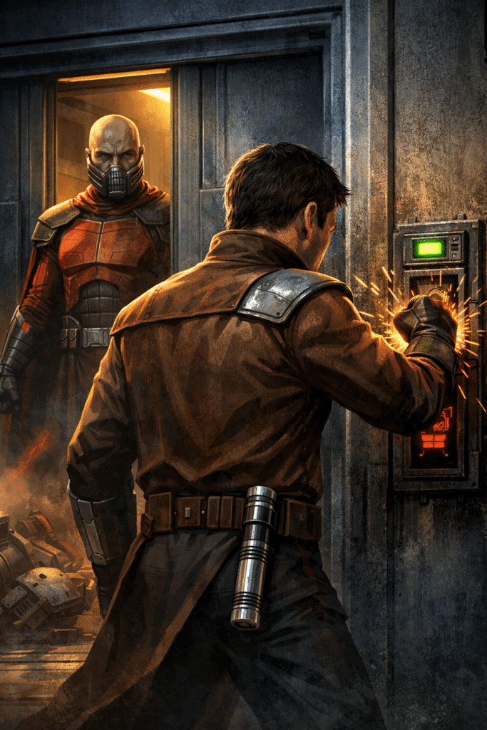 Knights of the Old Republic scene showing a player character forcing open a control panel before the final confrontation